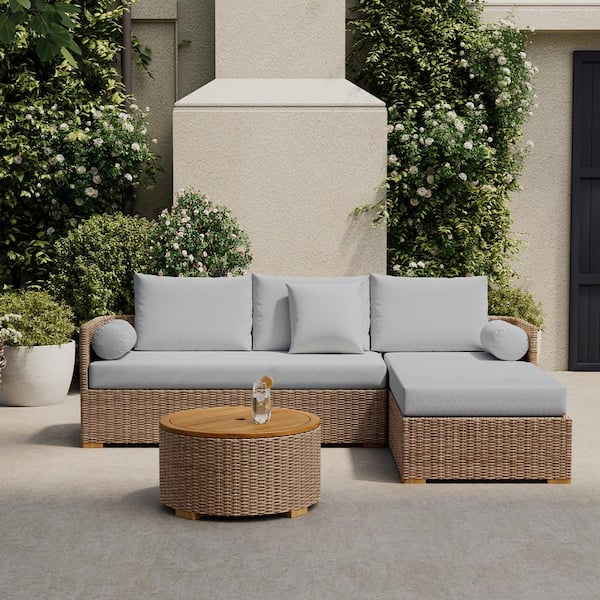 OVE Decors Lake Mills Brown 3-Piece Wicker Outdoor Sectional Set with Gray Cushions