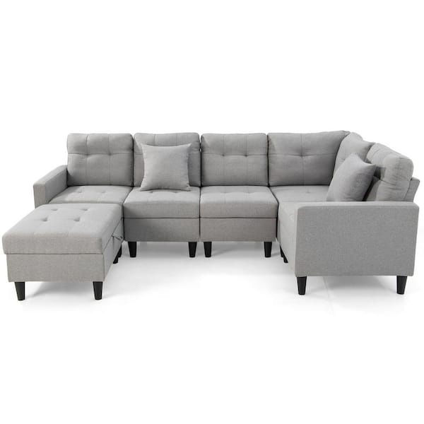 ANGELES HOME 80 in. W Square 2-piece Fabric L-shaped Sectional Sofa in Gray with Storage Ottoman