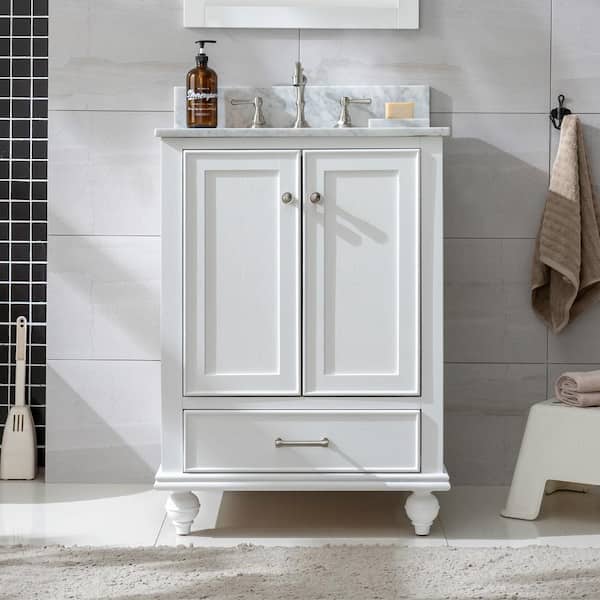 SUDIO Melissa 24 in. W x 22 in. D Bath Vanity in Grain White with Natural Marble Vanity Top in Carrera White with White Sink