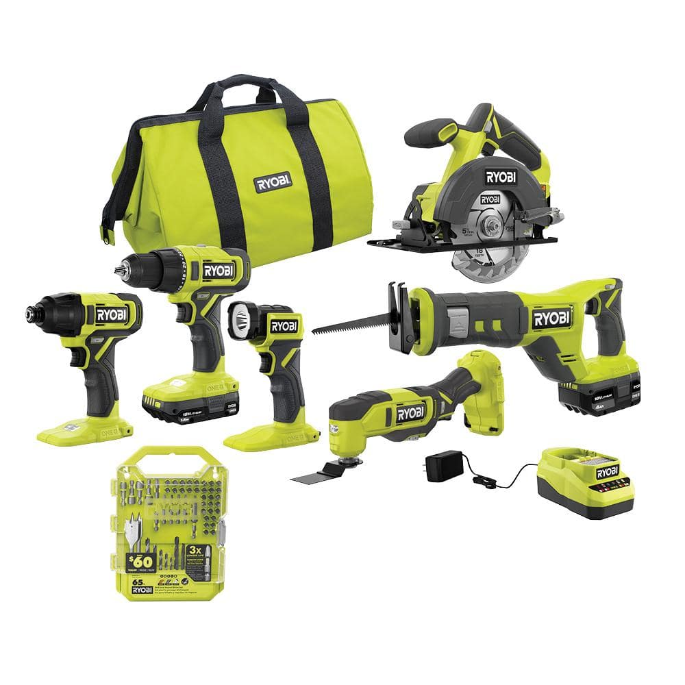RYOBI ONE+ 18V Cordless 6-Tool Combo Kit with 1.5 Ah and 4.0 Ah Batteries, Charger, and 65-Piece Drill and Impact Drive Kit -  PCL1600KA986501