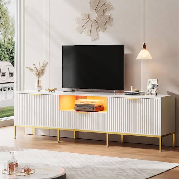 70 in. Glossy White TV Stand with Adjustable Shelve and Cabinet LED Entertainment Center FIts TV's Up to 75 in.