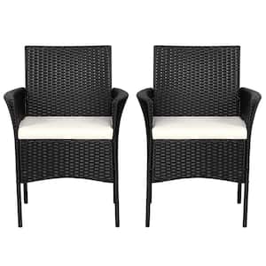 Black Dining Rattan Wicker Outdoor Dining Chair Patio Arm Chair with Zipper and White Cushions (4-Pack)