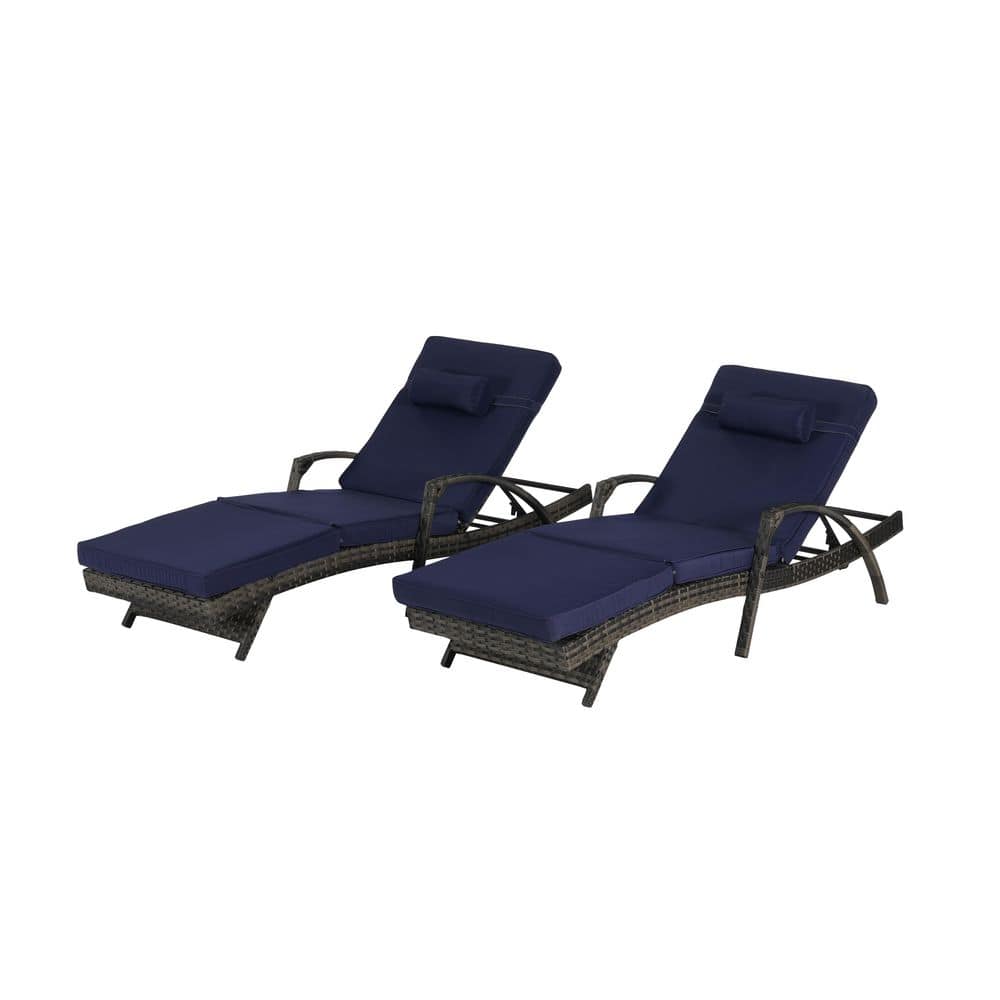 Modern Wicker Outdoor Recliner Lounge Chair Set of 2 with Dark Blue Cushion