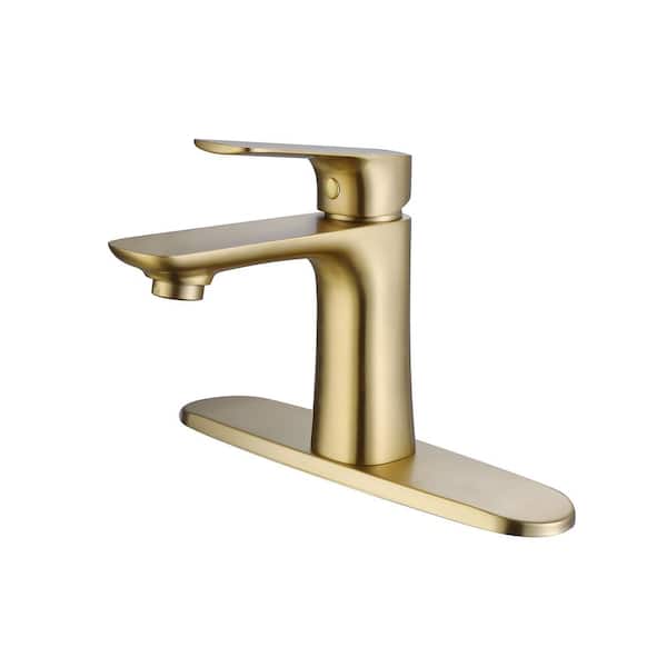 Dimakai Single-Handle Single Hole Bathroom Faucet in Brushed Gold With Deck Plate