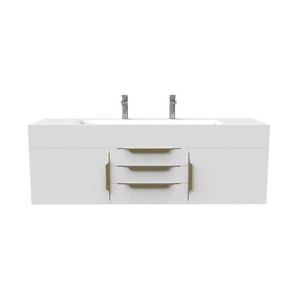 castellousa Nile 60 in. W x 19 in. D x 20 in. H Bath Vanity in Matte White with Gold Trim and White Solid Surface Top