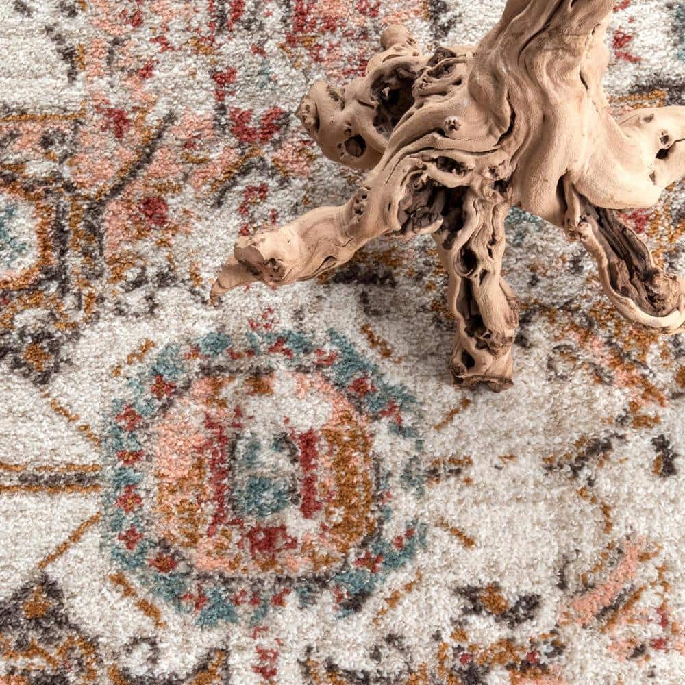 Beige Round Tufted Medallion Synthetic Area Rug, 5'