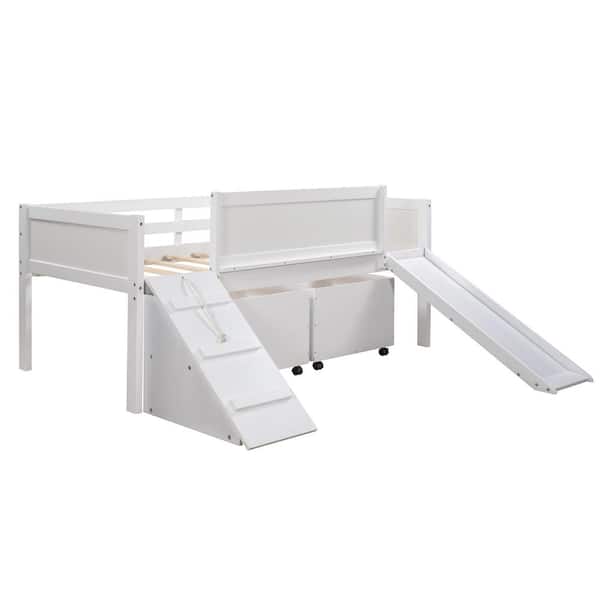 aisword Twin size Low Loft Bed Wooden Bed with Two Storage Boxes - White