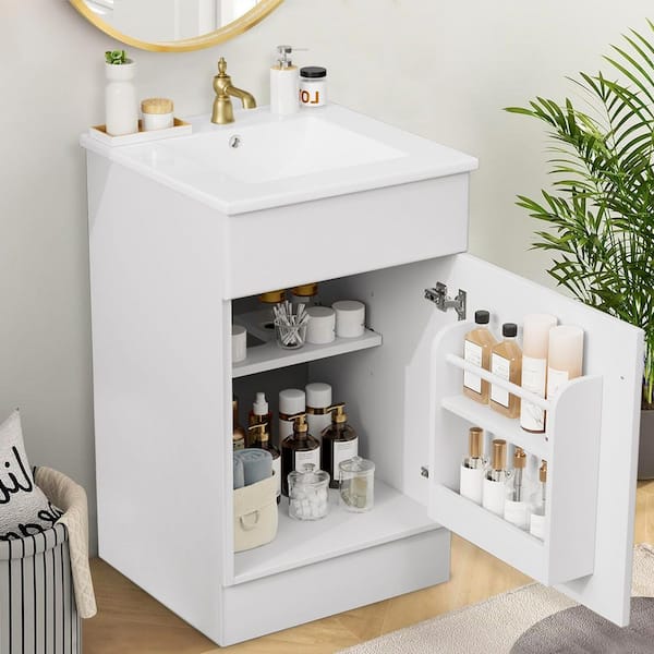 20 in. W Single Sink Freestanding White Bath Vanity with White Ceramic Top, Adjustable Shelves, Unassembled