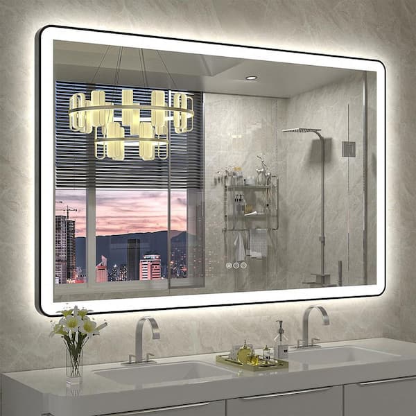 55 in. W x 36 in. H Rectangular Framed Front & Back LED Lighted Anti-Fog Wall Bathroom Vanity Mirror in Tempered Glass