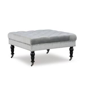Isabelle Grey Velvet 34.5" Square Tufted Ottoman with Turned Black Finished Legs
