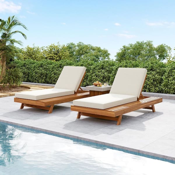 Acacia Wood Outdoor Lounge Chair with Beige Cushions and