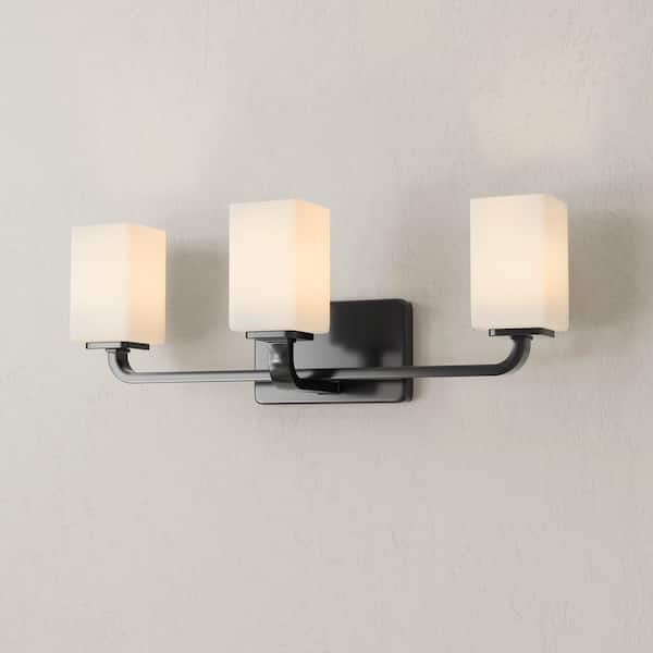 Progress Lighting Cowan 23.5 in. 3-Light Matte Black Vanity Light with Etched Glass Shades Modern for Bath and Vanity