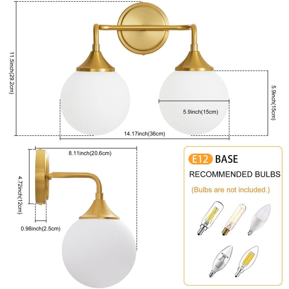 14.17" Gold Vanity Light with White Glass Globe Shades
