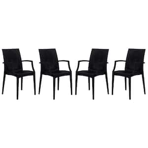 Black Mace Modern Stackable Plastic Weave Design Indoor Outdoor Dining Chair with Arms (Set of 4)