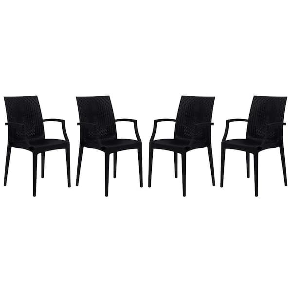Leisuremod Black Mace Modern Stackable Plastic Weave Design Indoor Outdoor Dining Chair with Arms (Set of 4)