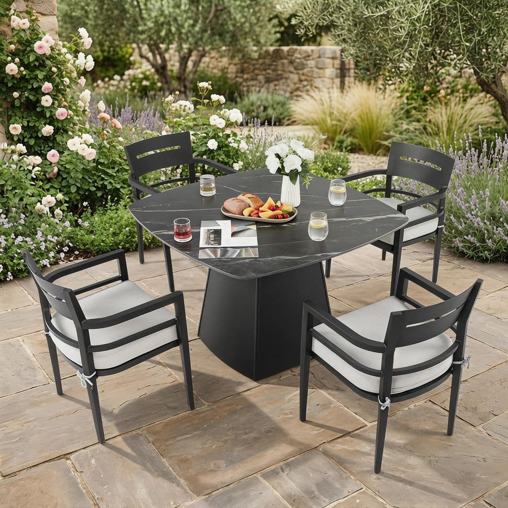 Black 5-Piece Aluminum Outdoor Sectional Set Patio Dining Set with Sunbrella Cast Silver Cushions for Patio Deck Garden price history on PriceWatchPro