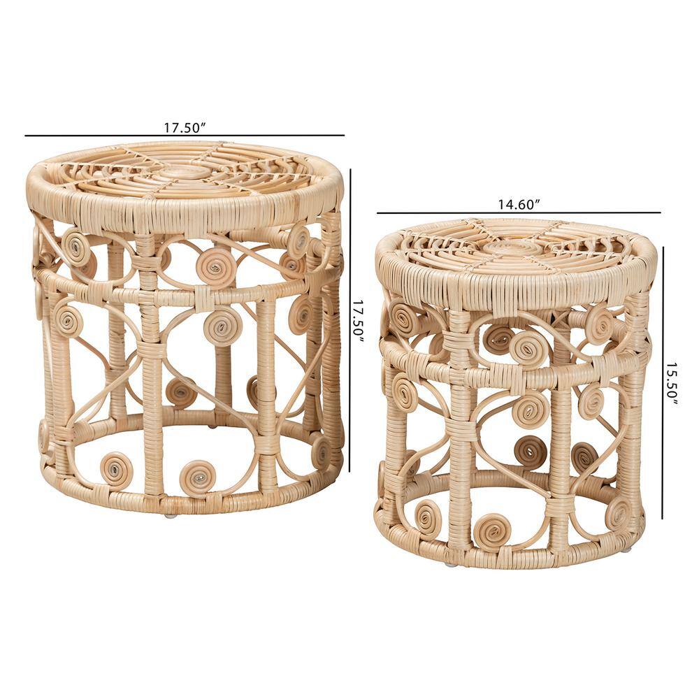 Natural Brown Rattan Round Bohemian 2-Piece Nesting Tables