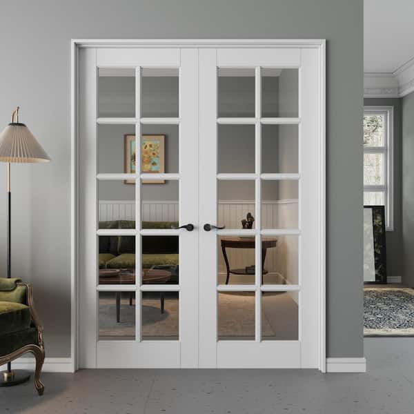 60 in. x 80 in. Universal 10-Lite Clear Glass White Solid Core MDF Assembly Required Interior Double Prehung French Door