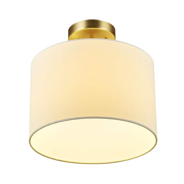 Globe Electric Jonas 12 in. 1-Light Matte Brass Flush Mount with White Linen Shade