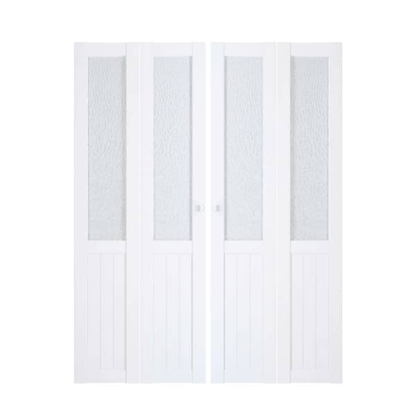 60 in. W. x 80 in. Double 30 in. Doors White MDF, Half Tempered Hammered Glass Panel Bi-Fold Interior Door Hardware Kits
