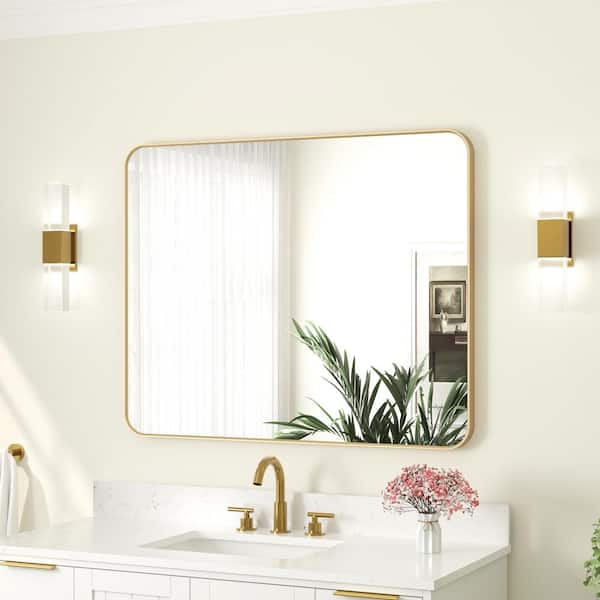Bella 40 in. W. x 32 in. H Rectangular Aluminum Framed Wall-Mounted Bathroom Vanity Mirror in Brushed Gold