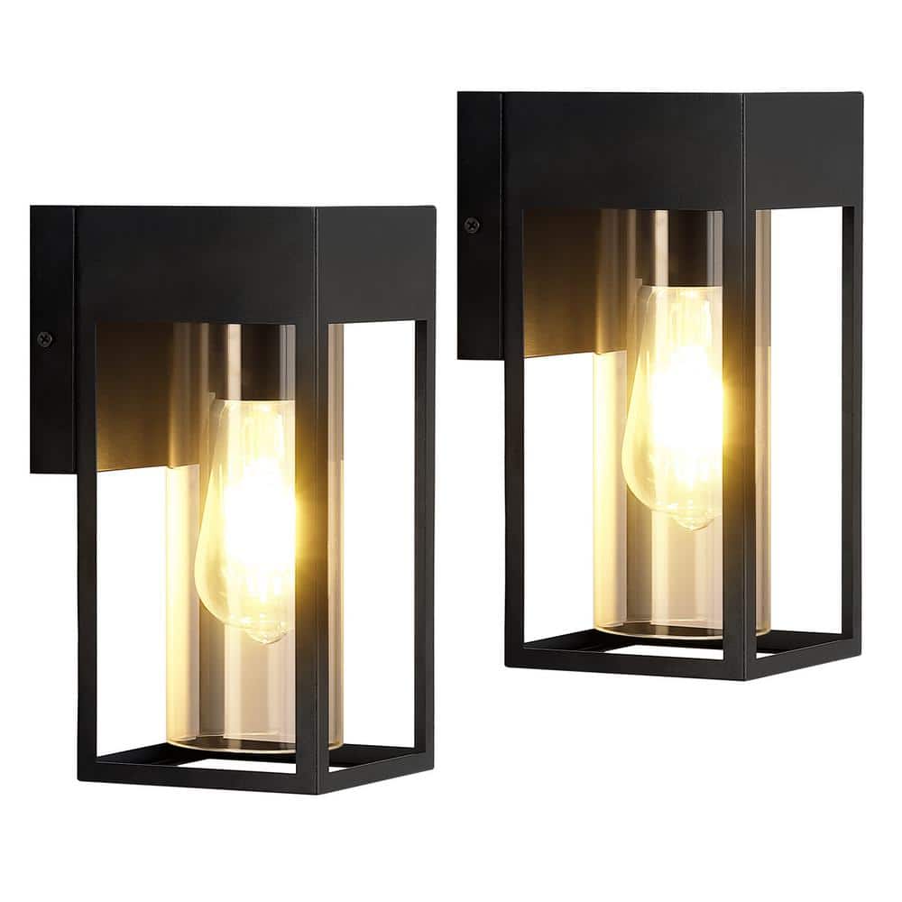 9-Inch Black Modern Outdoor Wall Lantern Sconce with Clear Glass, 2-Pack
