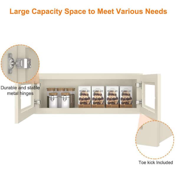 HOMEIBRO Antique White Painted Shaker Style Ready to Assemble Glass Door Wall Cabinet 33 in. W x 12 in. H x 12 in. D
