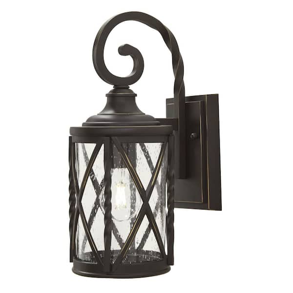 Home Decorators Collection Walcott Manor 14.5 in. 1-Light Antique Bronze Hardwired Outdoor Transitional Wall Lantern Sconce with Clear Seeded Glass