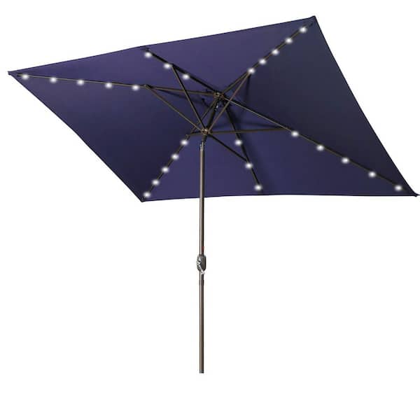 Clihome 10 ft. Waterproof Rectangular Solar Lights Patio Umbrella in Navy Blue, 26 LED lights, Push Button Tilt, Crank