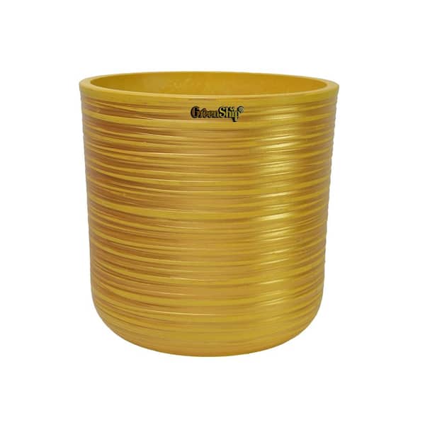 GreenShip Tall Cylinder Carved 9.9 in. W x 9.9 in. H Golden Indoor/Outdoor Resin Decorative Planter (1-Pack)