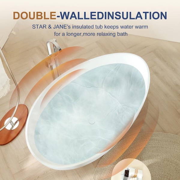 Risti 63 in. x 38 in. Stone Resin Freestanding Soaking Bathtub in White