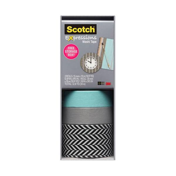 Scotch 0.59 in. x 10.9 yds. Blue, Silver, Zig Zag Expressions Washi Tape with Storage Box (Case of 36)