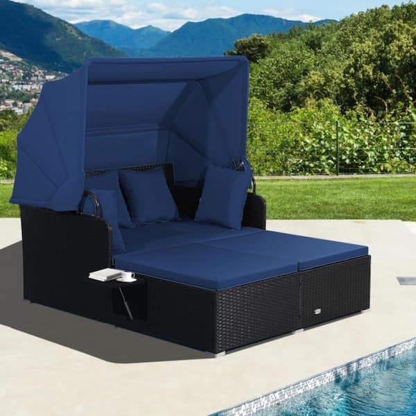 Wicker Outdoor Day Bed Patio Rattan Daybed with Navy Blue Cushions, Retractable Canopy and Side Tables