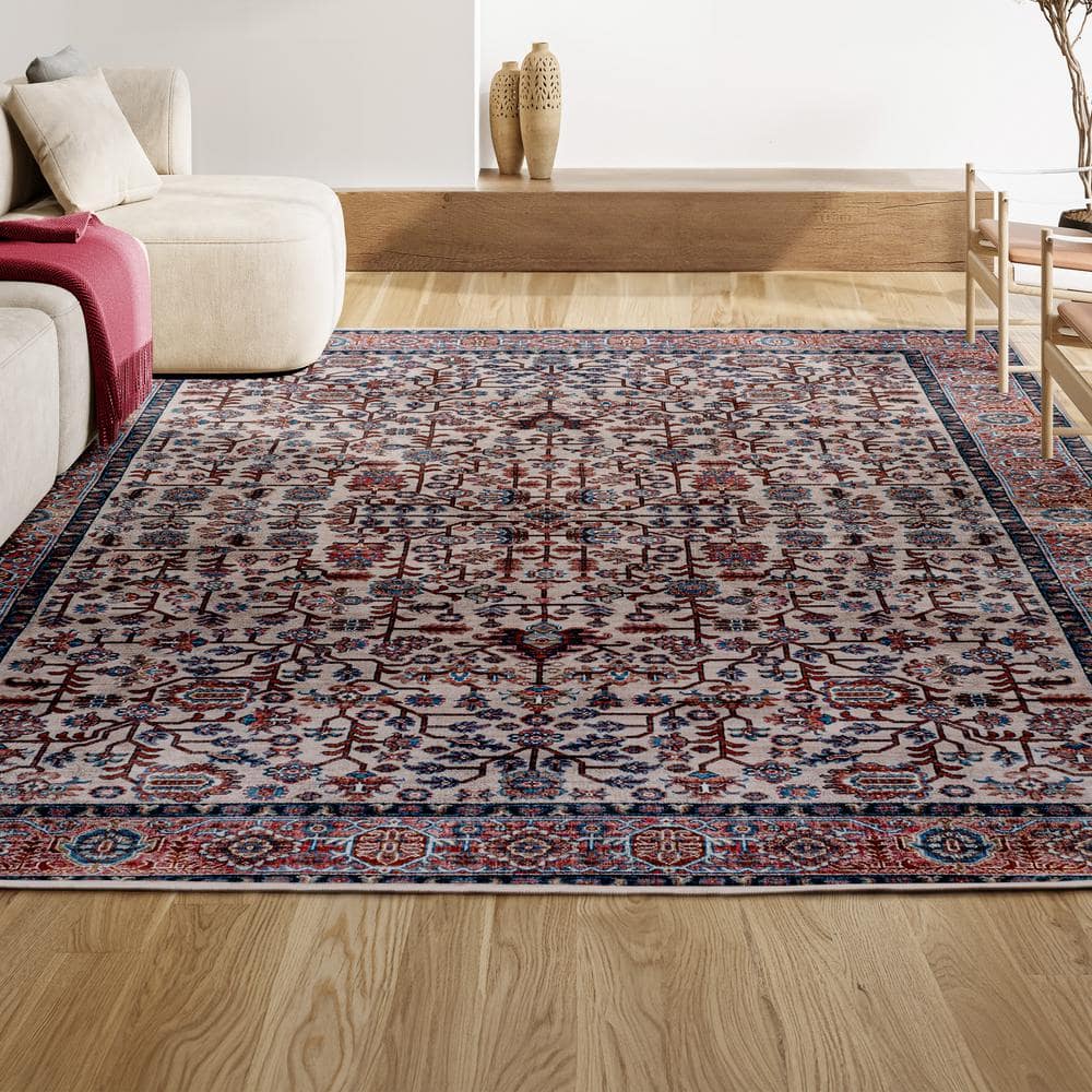 Kemer Persian Washable Chenille Beige/Red/Blue 3 ft. x 5 ft. Area Rug