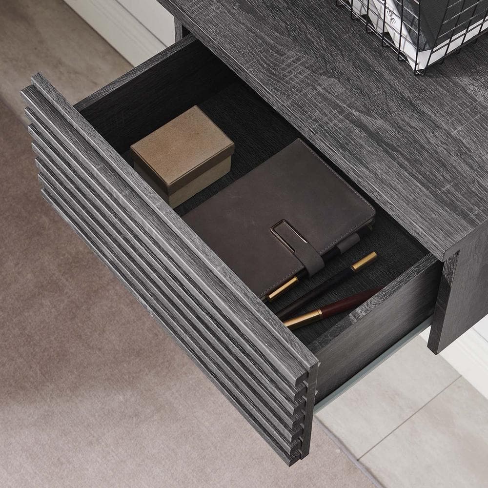 Charcoal Wood Wall-Mounted Corner Desk with Drawers