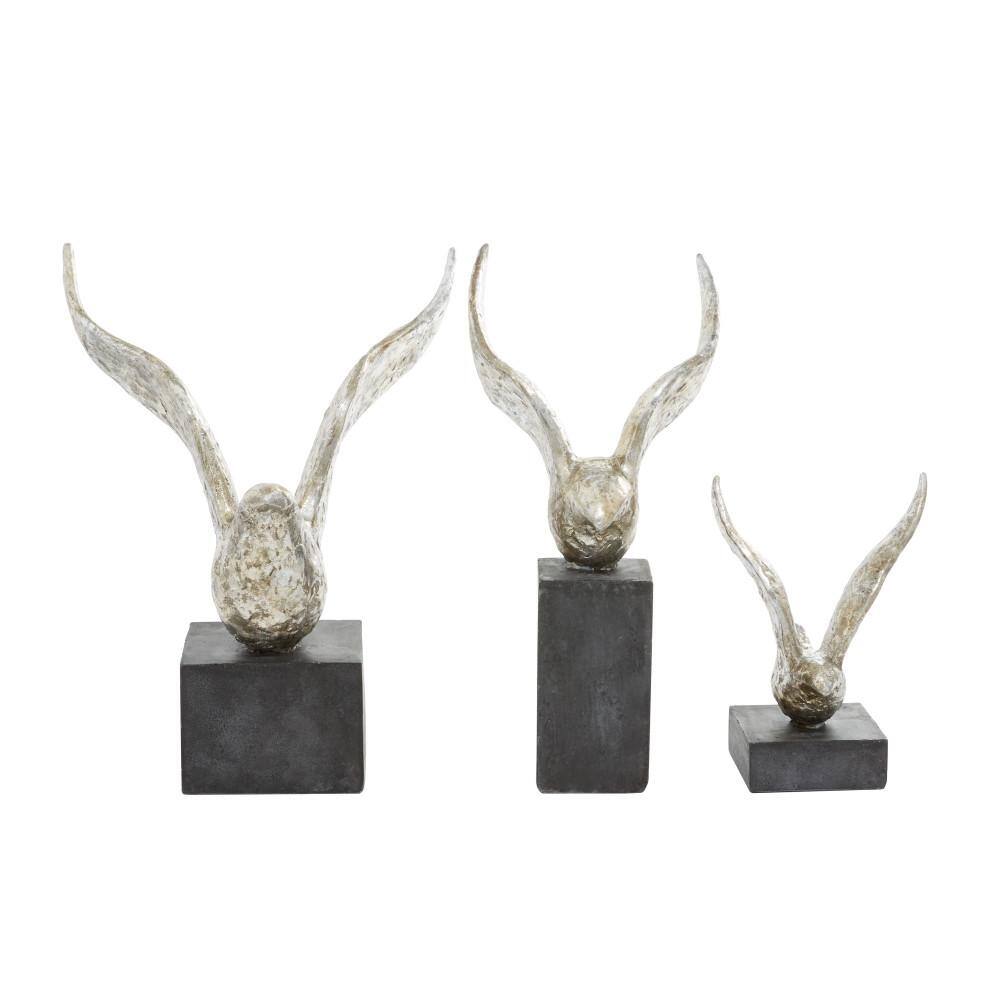 Silver and Black Resin Bird Sculptures Set of 3