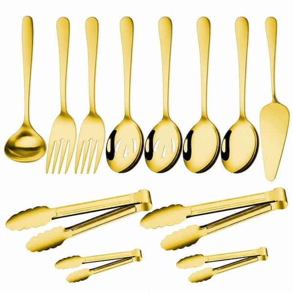 12-Pack Gold Serving Utensils Include Large Serving Spoons, Slotted Serving Spoons, Serving Forks, Serving Tongs