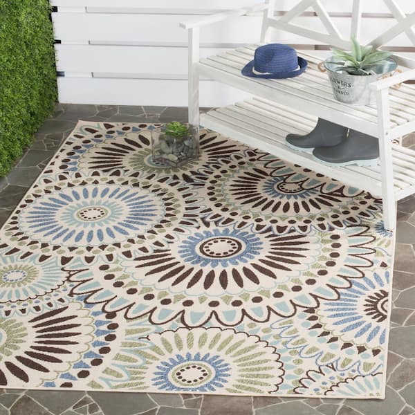 Veranda Cream/Blue 5 ft. x 8 ft. Floral Indoor/Outdoor Patio  Area Rug