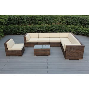 Mixed Brown 8-Piece Wicker Patio Seating Set with Supercrylic Beige Cushions