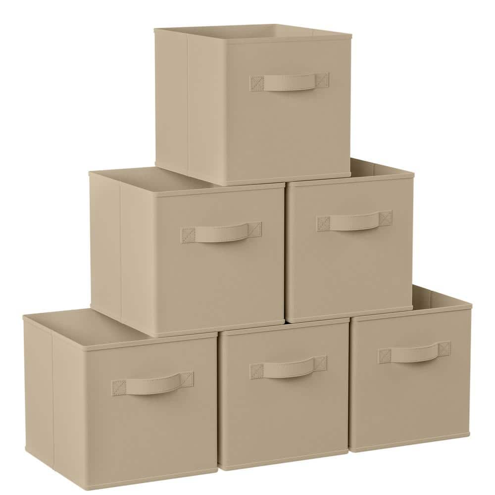Ornavo Home Foldable Collapsible Storage Box Bins Linen Fabric Shelf Basket Cube Organizer With Leather Handles Set Of 6 13 X 15 X 13 Beige
