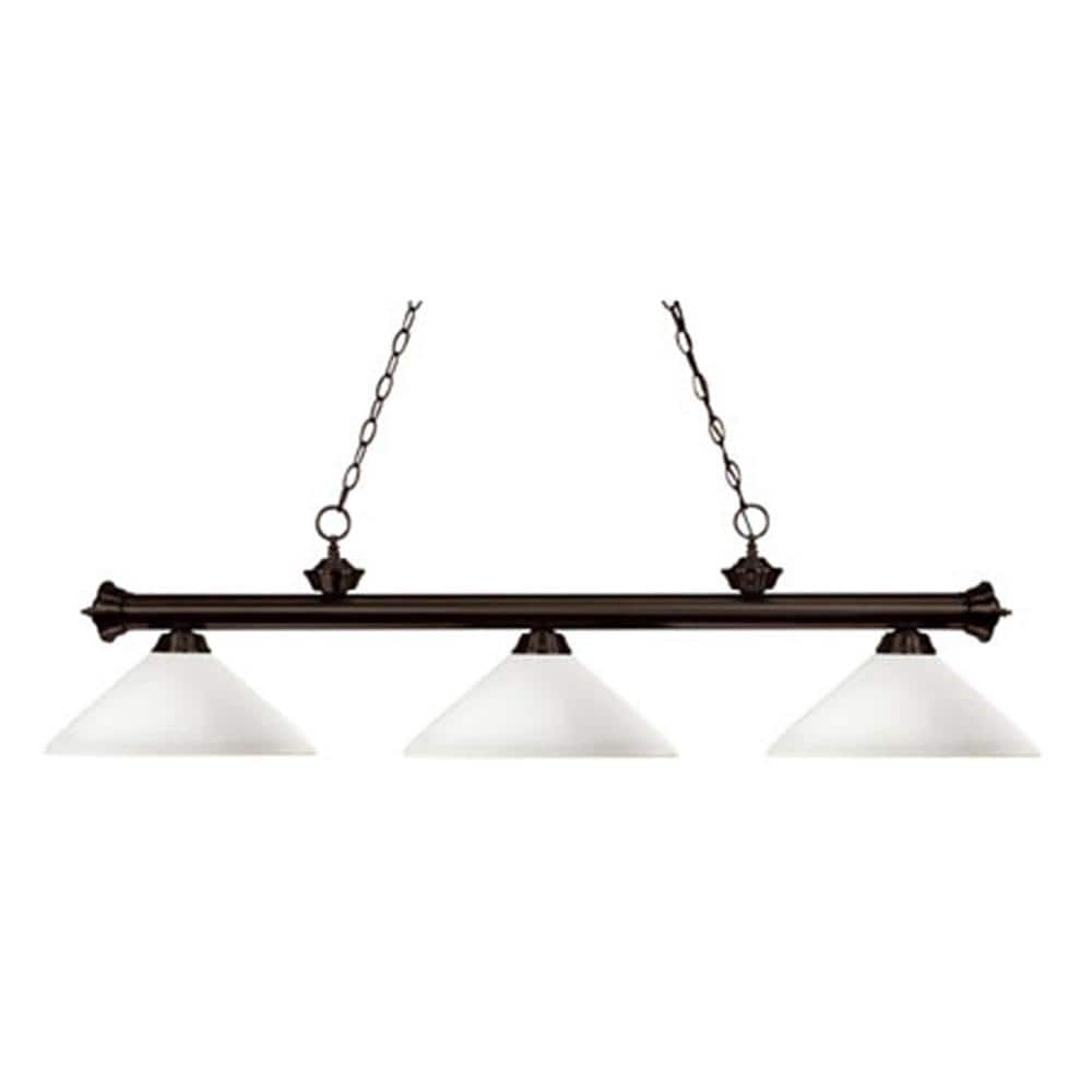Elegant Traditional Bronze 3-Light Billiard Chandelier with Opal Glass Shades