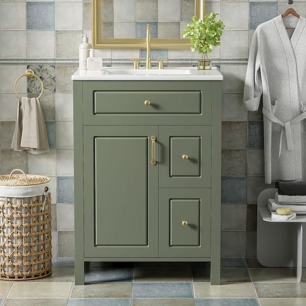 Unbranded 24 in. W x 18. 4 in. D x 33. 8 in. H in Single Sink Freestanding Green Bath Vanity, with White Ceramic Top Basin