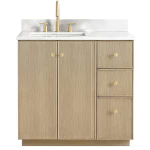 Oza 36 in.W x 22 in.D x 33.9 in.H Single Sink Bath Vanity in Natural Oak with White Qt. Stone Top