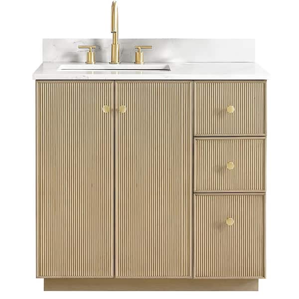Oza 36 in.W x 22 in.D x 33.9 in.H Single Sink Bath Vanity in Natural Oak with White Qt. Stone Top