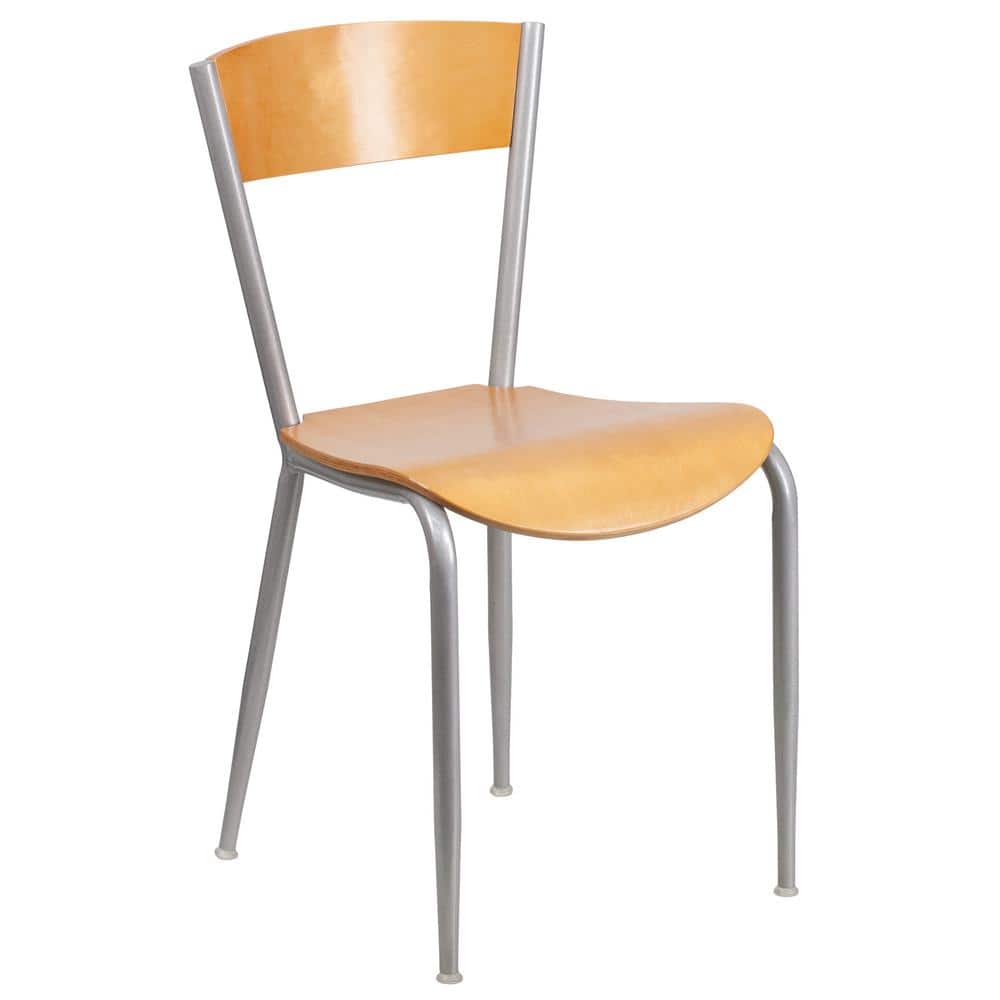 Chic Silver Steel Side Chair with Natural Wood Seat and Back