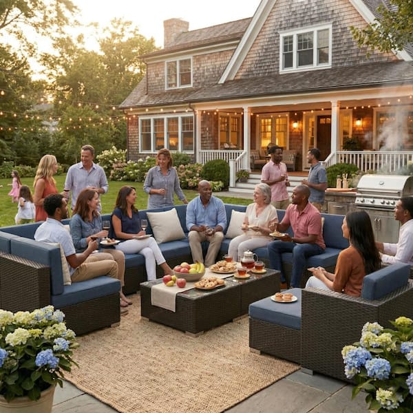 12-Piece Black PE Wicker Outdoor Patio Furniture Se with Tea Table and Blue Cushions