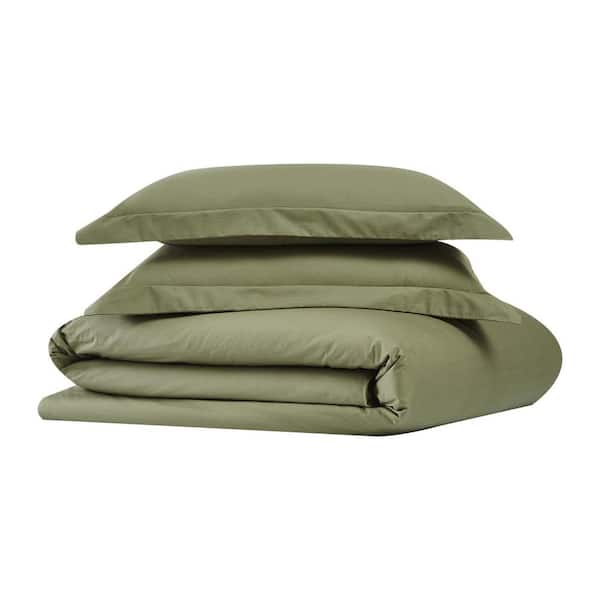 Brooklyn Loom Solid Cotton Percale 3-Piece Olive Green King Duvet Set