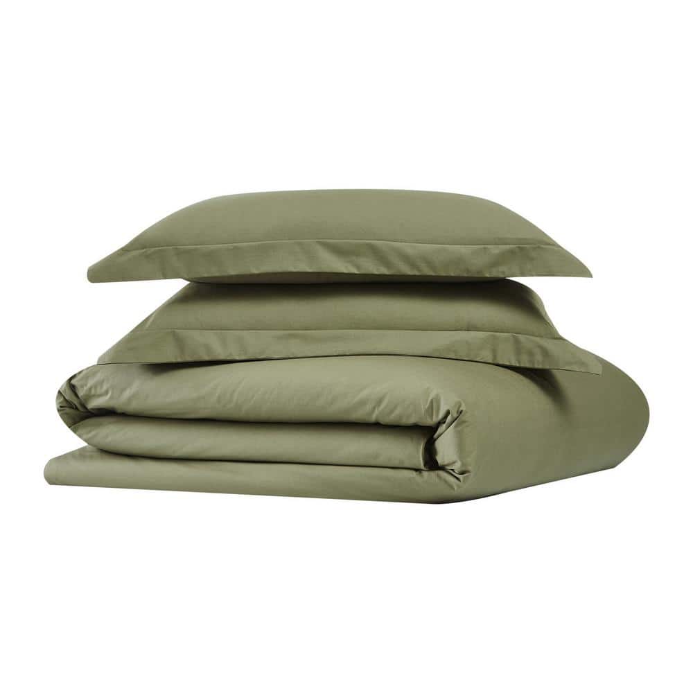 Olive Green Cotton Percale Twin XL Duvet Cover Set
