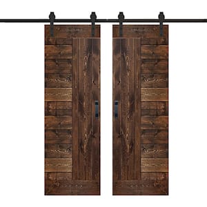 L Series 60 in. x 84 in. Dark Walnut Finished Solid Wood Double Sliding Barn Door with Hardware Kit - Assembly Needed