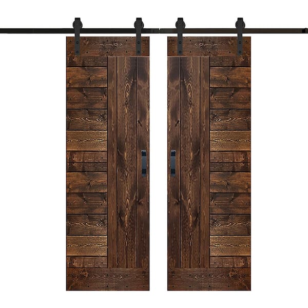 ISLIFE L Series 60 in. x 84 in. Dark Walnut Finished Solid Wood Double Sliding Barn Door with Hardware Kit - Assembly Needed
